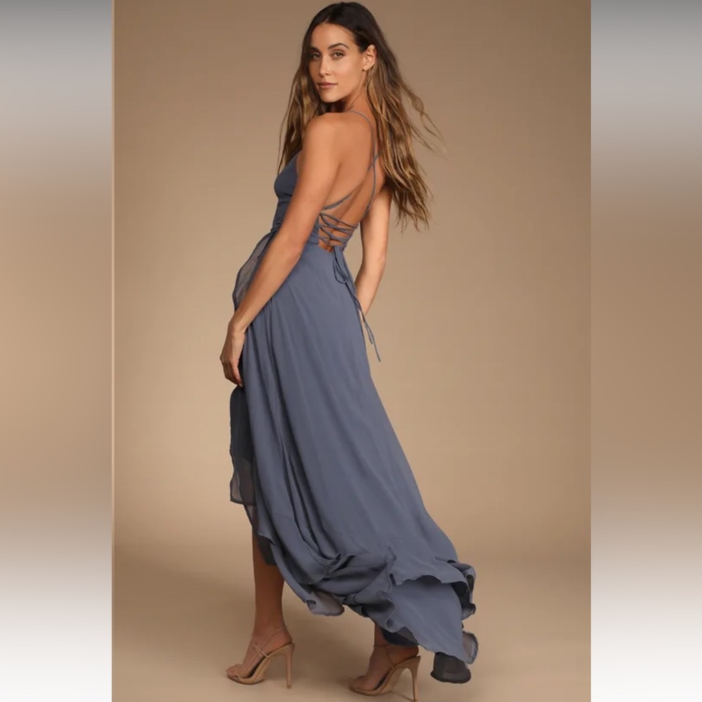 Lulu’s - In Love Forever Granite Blue Lace-Up High-Low Maxi Dress